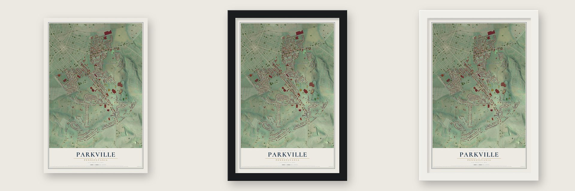 Parkville, Pennsylvania map unframed, in a black wood frame and in a white wood frame