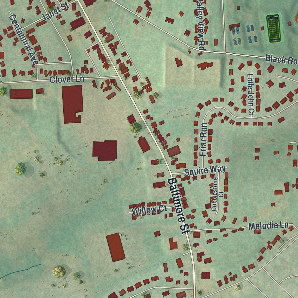 Second close-up of the map of Parkville, Pennsylvania print showing more streets and buildings