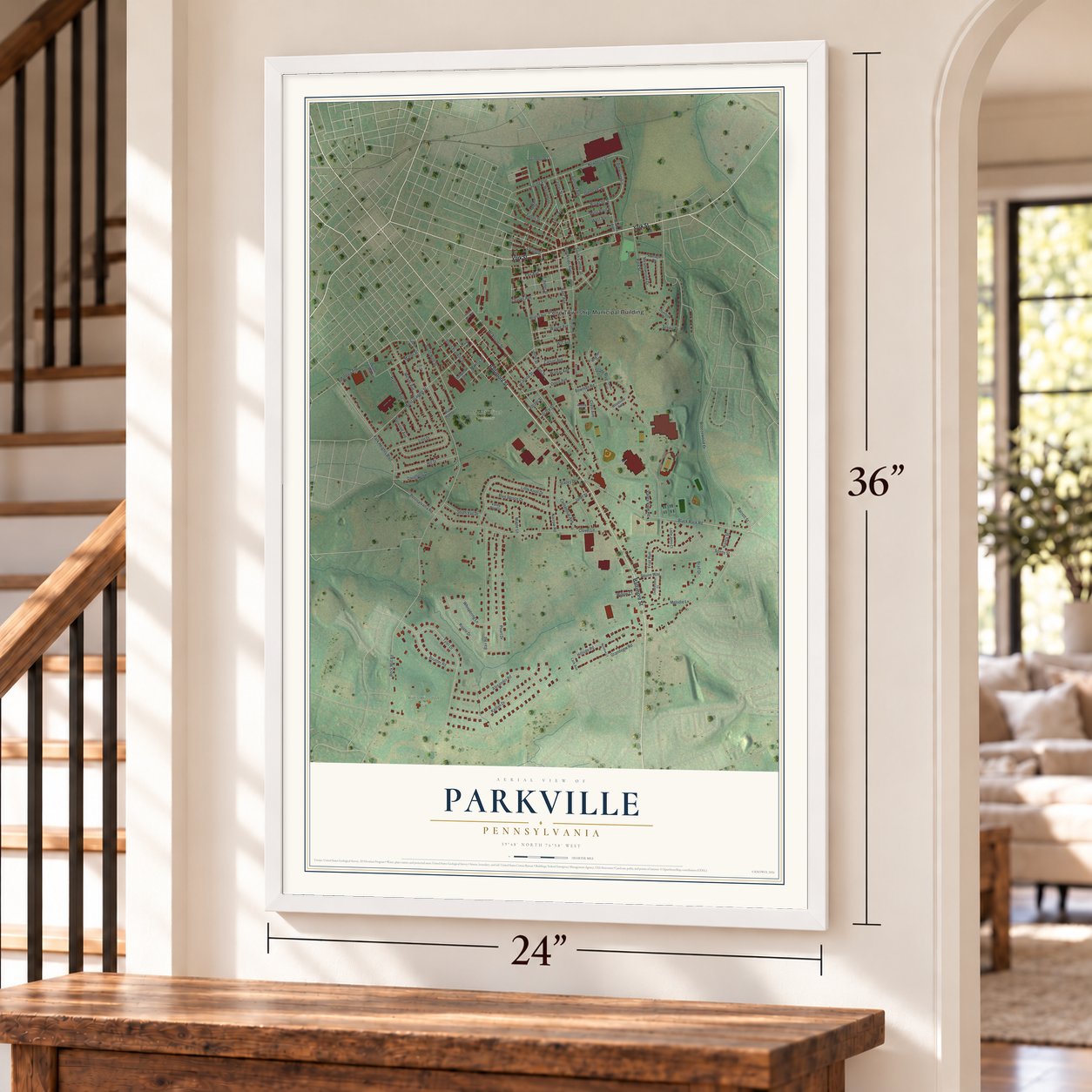 Parkville, Pennsylvania map, 24 x 36 inch print in a white frame by a staircase
