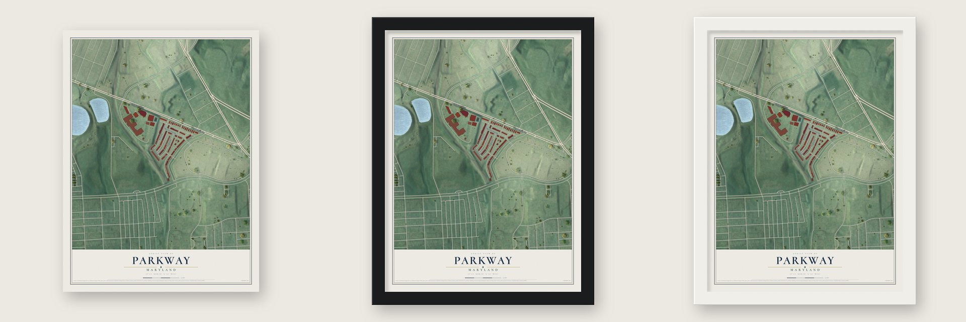 Parkway, Maryland map unframed, in a black wood frame and in a white wood frame