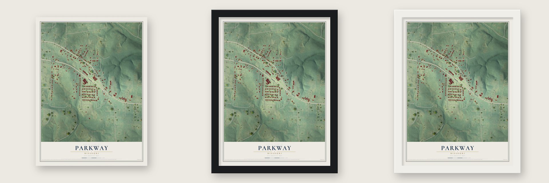 Parkway, Missouri map unframed, in a black wood frame and in a white wood frame