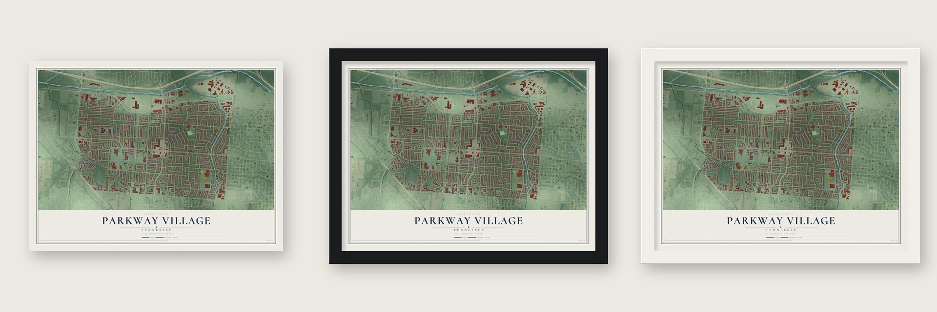 Parkway Village, Tennessee map unframed, in a black wood frame and in a white wood frame