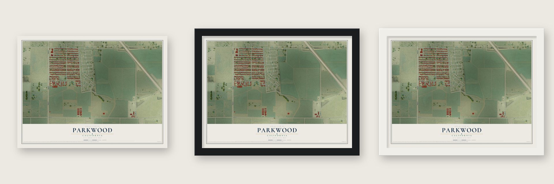 Parkwood, California map unframed, in a black wood frame and in a white wood frame