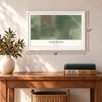 Parkwood, California map, 12 x 18 inch print in a white frame in an entryway
