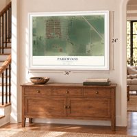Parkwood, California map, 24 x 36 inch print in a white frame above a dresser by a staircase
