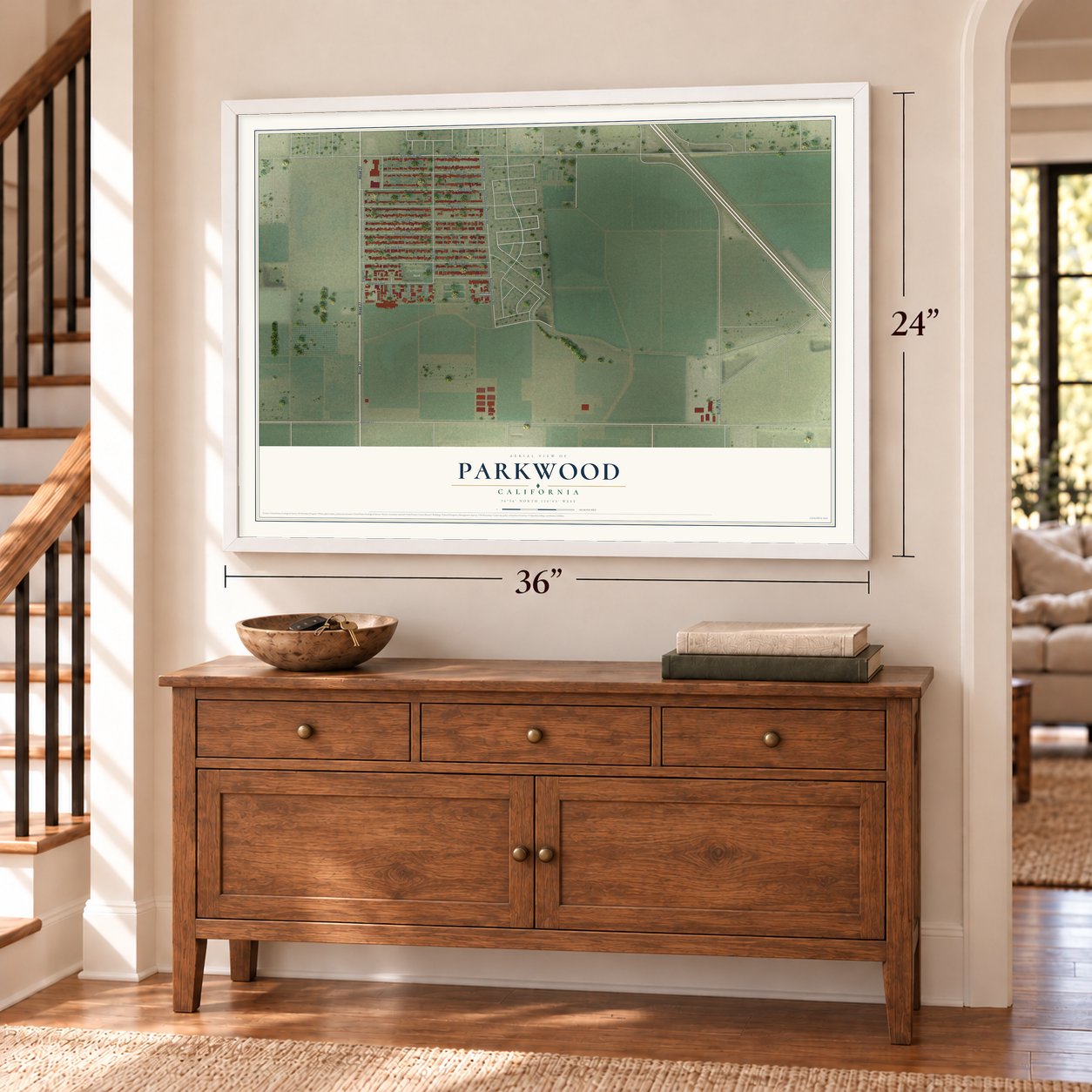 Parkwood, California map, 24 x 36 inch print in a white frame above a dresser by a staircase