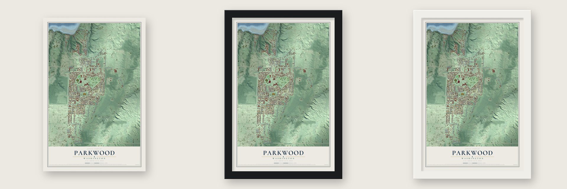 Parkwood, Washington map unframed, in a black wood frame and in a white wood frame