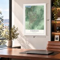 Parkwood, Washington map, 18 x 24 inch print in a white frame in a home office
