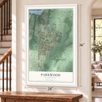Parkwood, Washington map, 24 x 36 inch print in a white frame by a staircase
