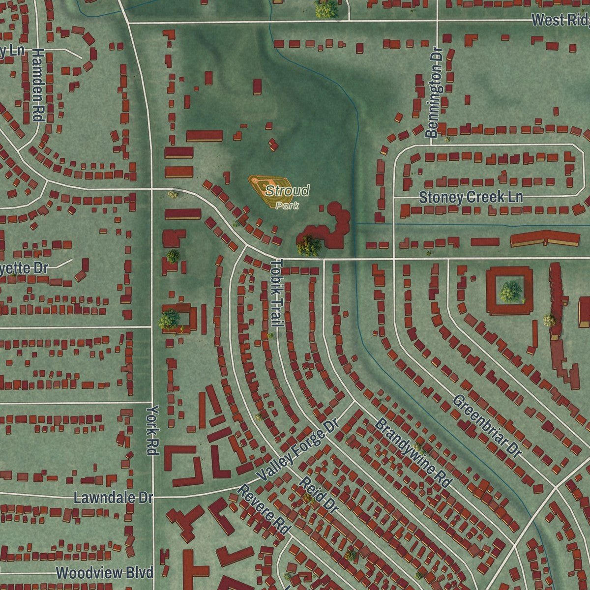 Second close-up of the map of Parma Heights, Ohio print showing more streets and buildings