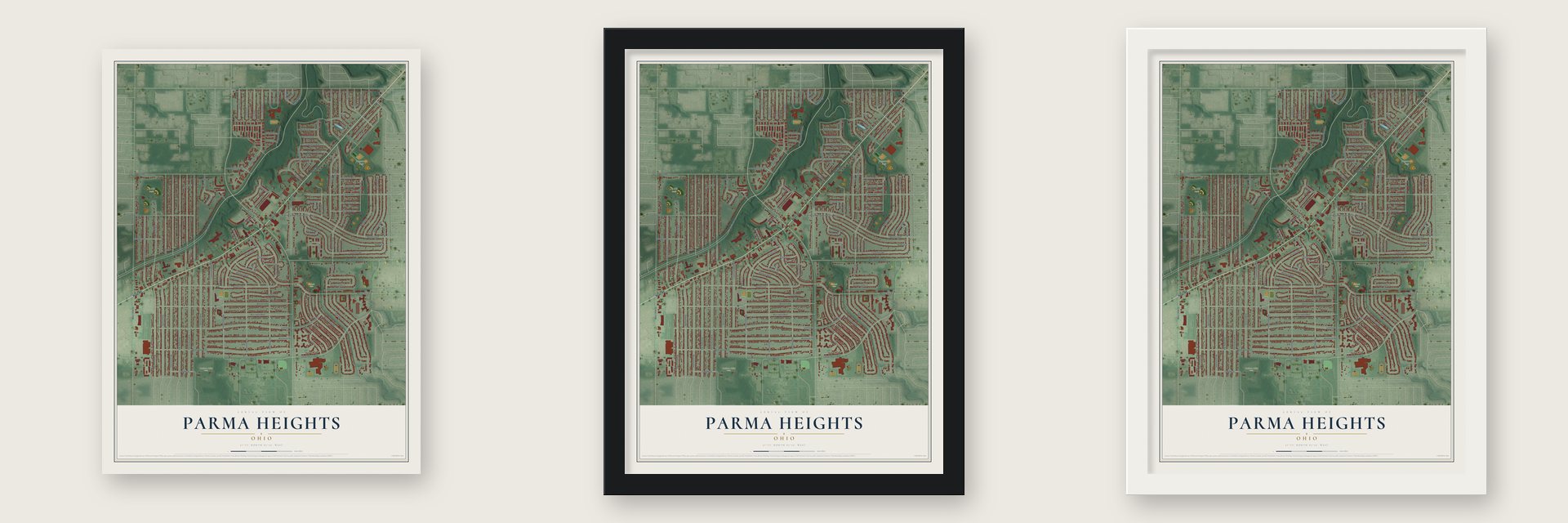 Parma Heights, Ohio map unframed, in a black wood frame and in a white wood frame
