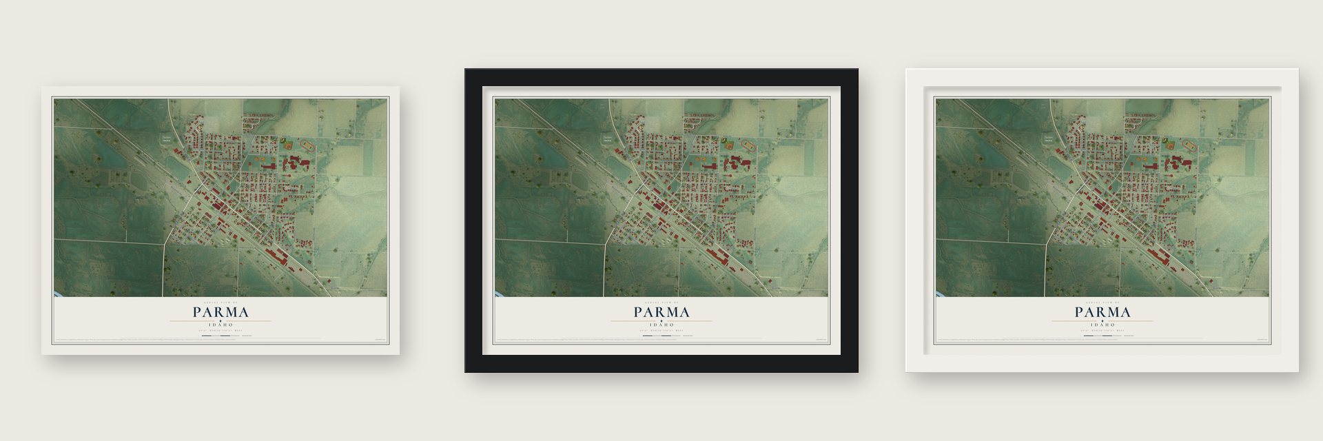 Parma, Idaho map unframed, in a black wood frame and in a white wood frame