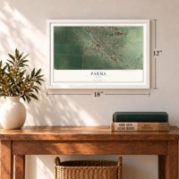 Parma, Idaho map, 12 x 18 inch print in a white frame in an entryway