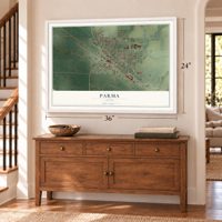 Parma, Idaho map, 24 x 36 inch print in a white frame above a dresser by a staircase