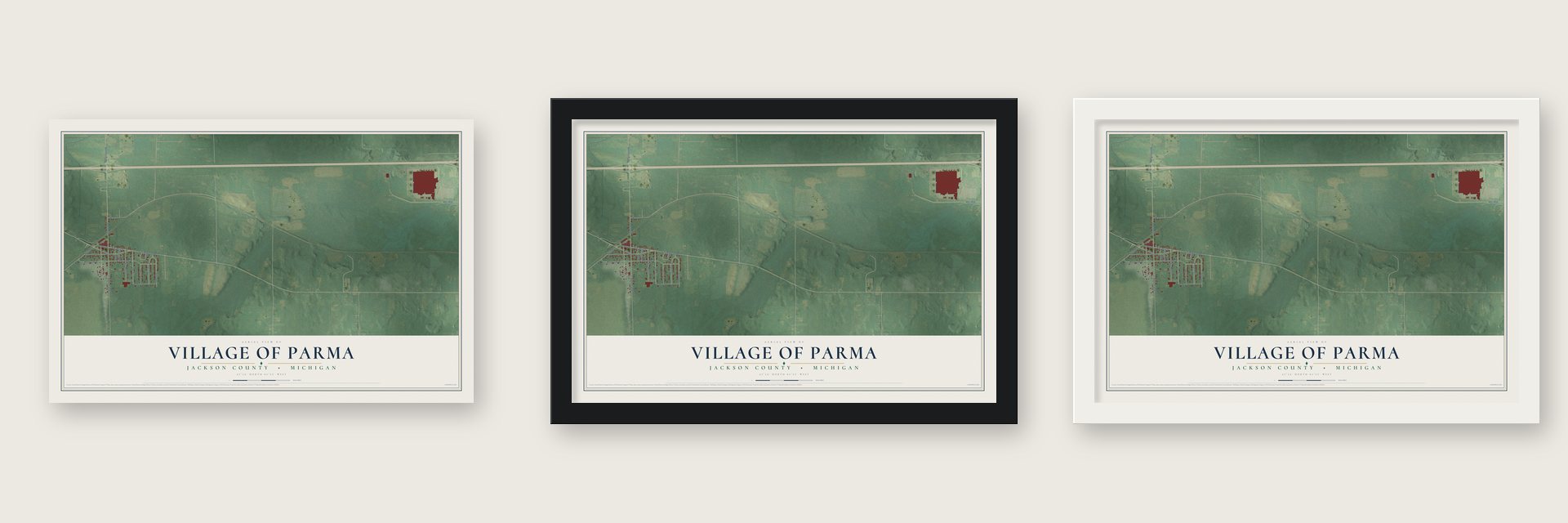 Parma, Michigan map unframed, in a black wood frame and in a white wood frame
