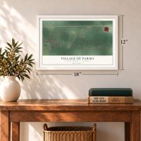 Parma, Michigan map, 12 x 18 inch print in a white frame in an entryway