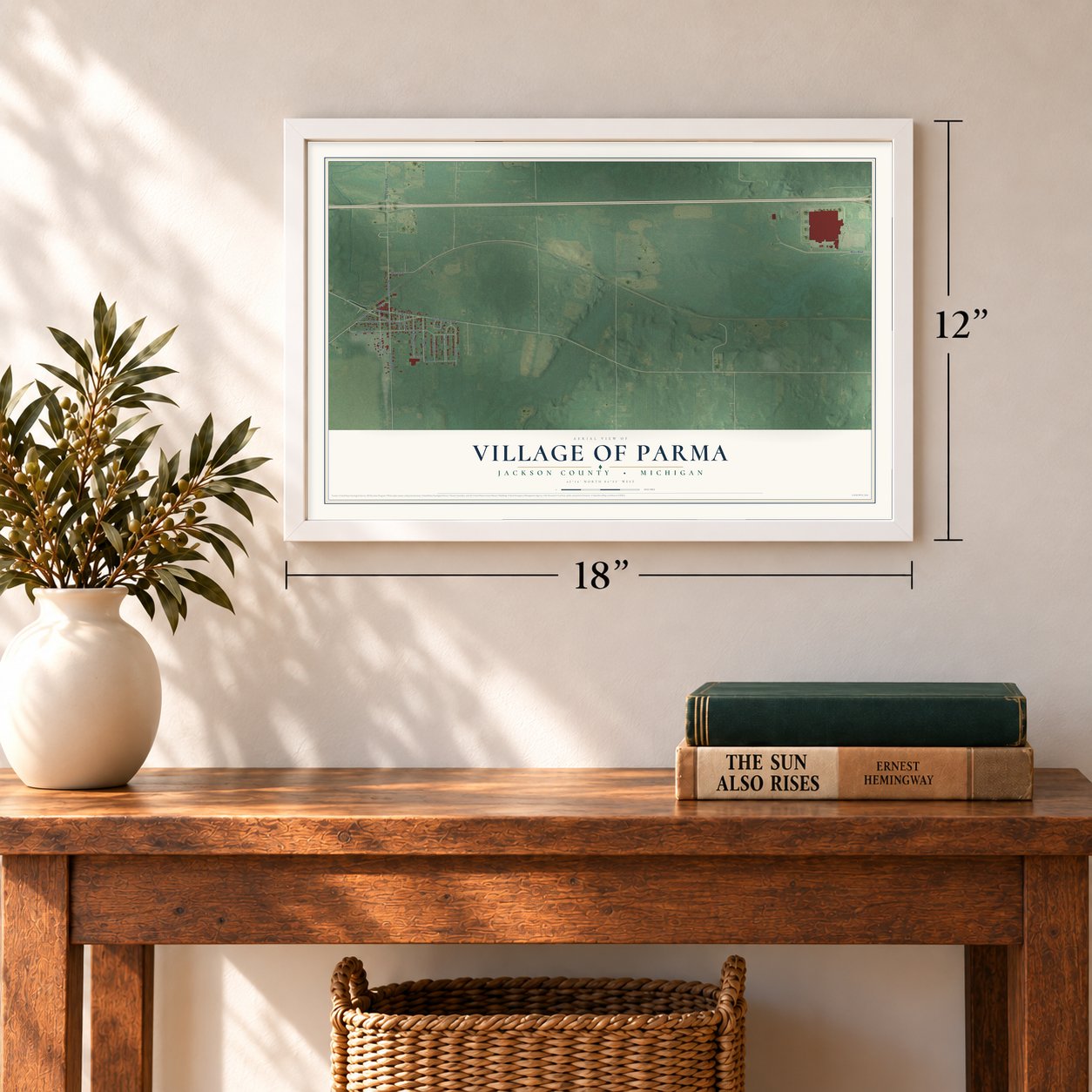Parma, Michigan map, 12 x 18 inch print in a white frame in an entryway
