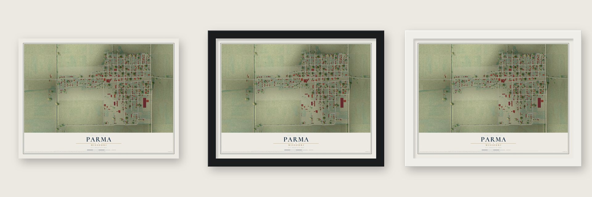 Parma, Missouri map unframed, in a black wood frame and in a white wood frame