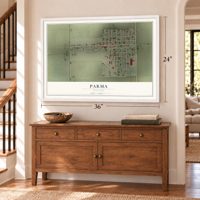 Parma, Missouri map, 24 x 36 inch print in a white frame above a dresser by a staircase