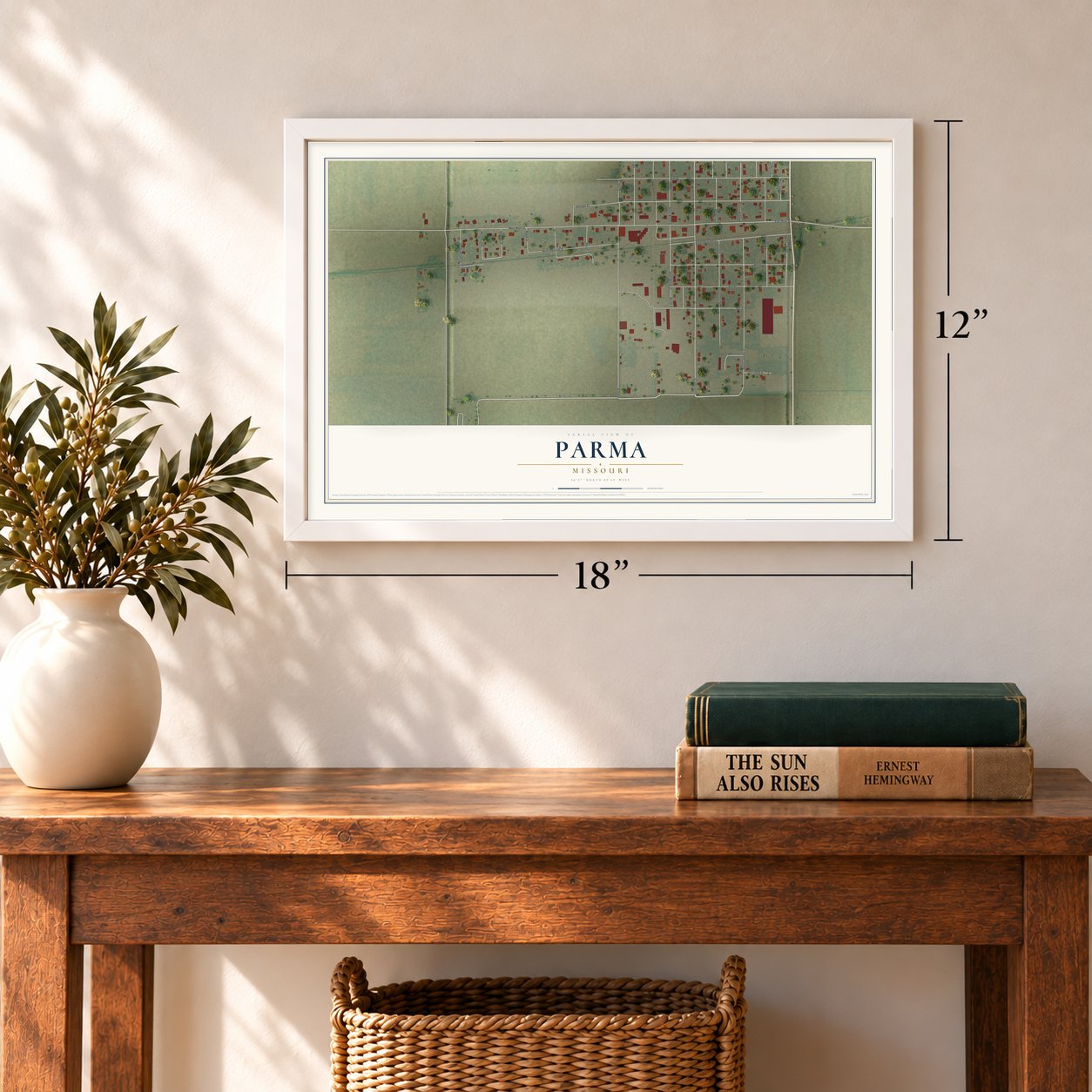 Parma, Missouri map, 12 x 18 inch print in a white frame in an entryway