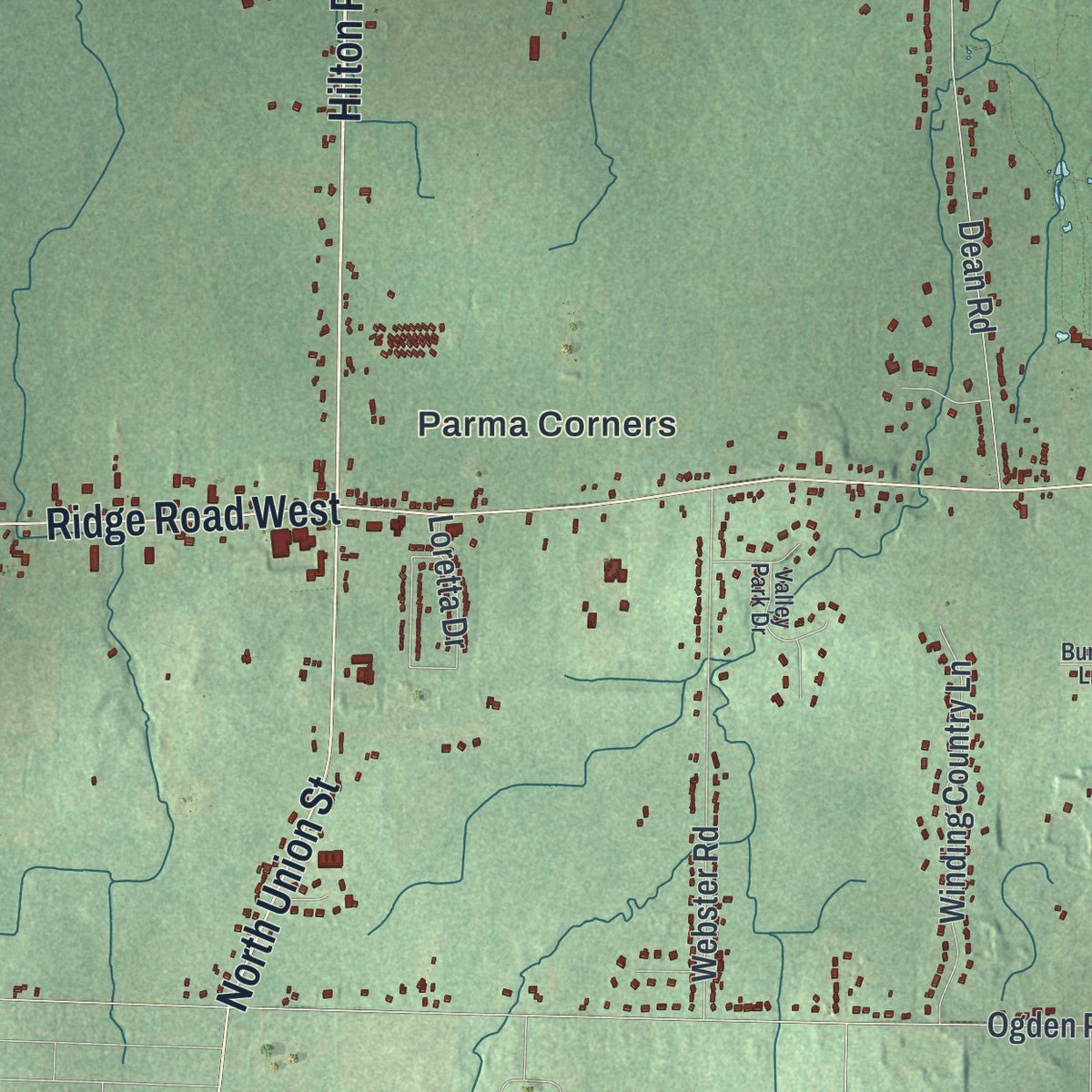 Second close-up of the map of Parma, New York print showing more streets and buildings