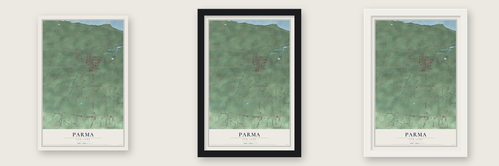 Parma, New York map unframed, in a black wood frame and in a white wood frame