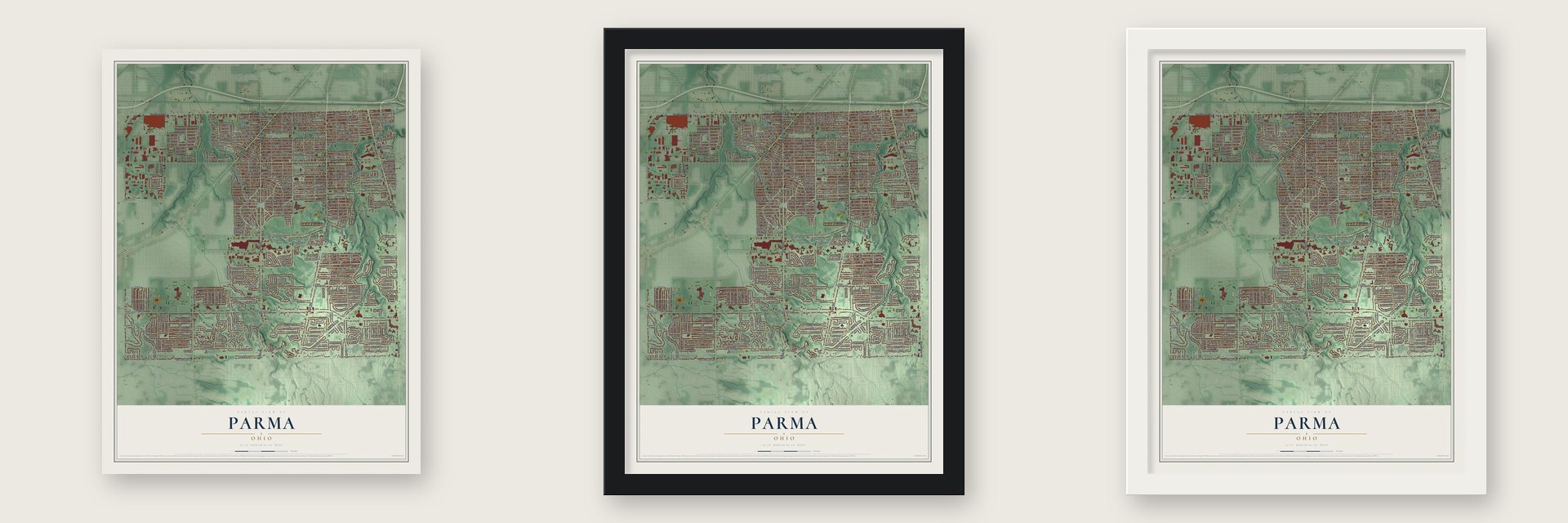 Parma, Ohio map unframed, in a black wood frame and in a white wood frame