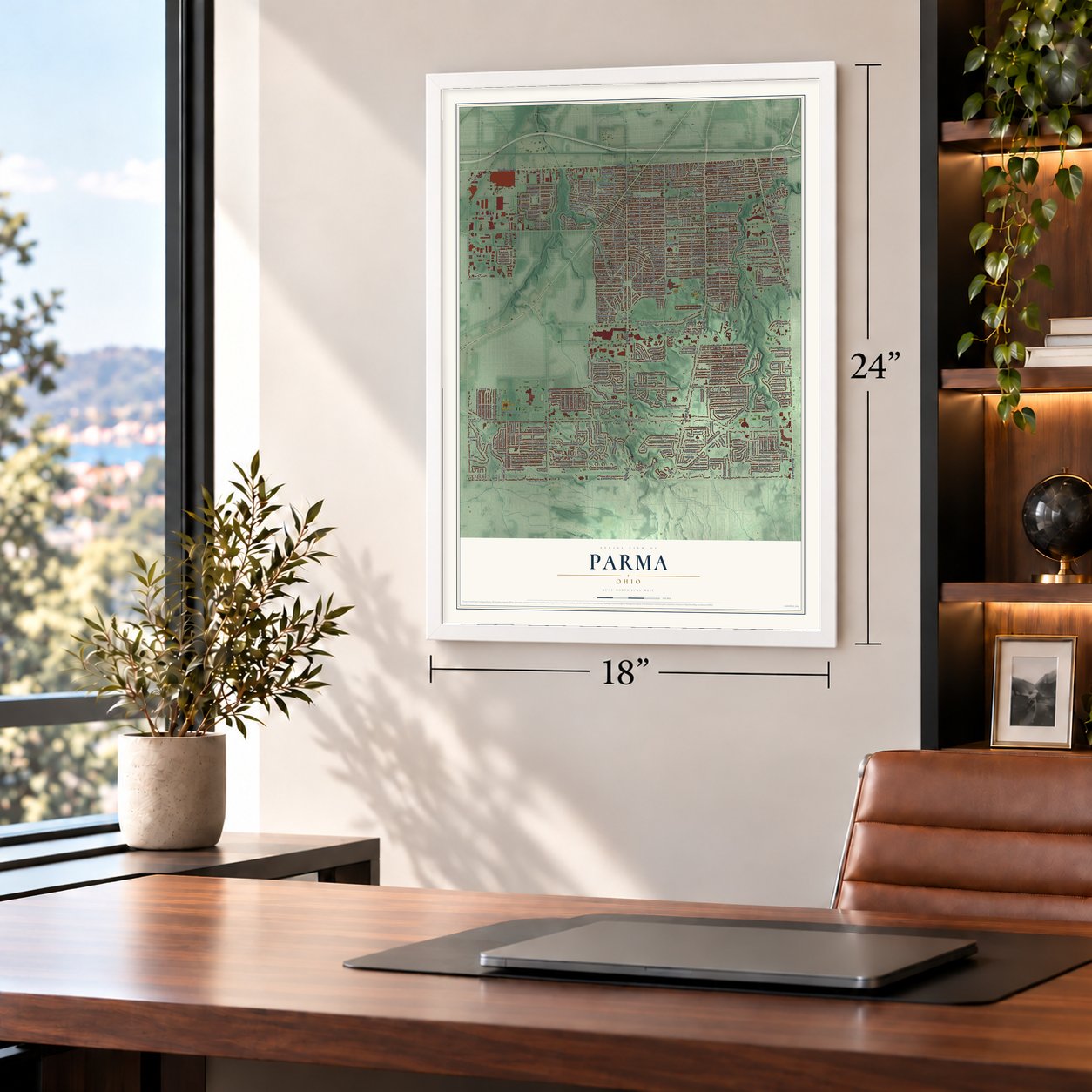 Parma, Ohio map, 18 x 24 inch print in a white frame in a home office