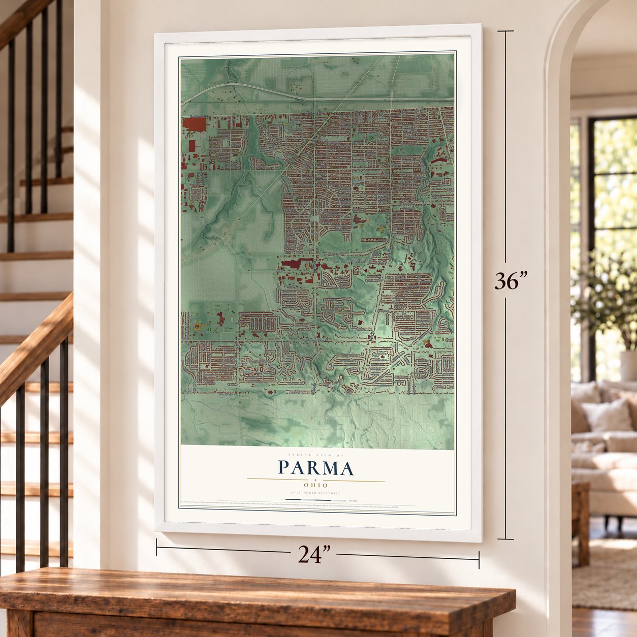 Parma, Ohio map, 24 x 36 inch print in a white frame by a staircase