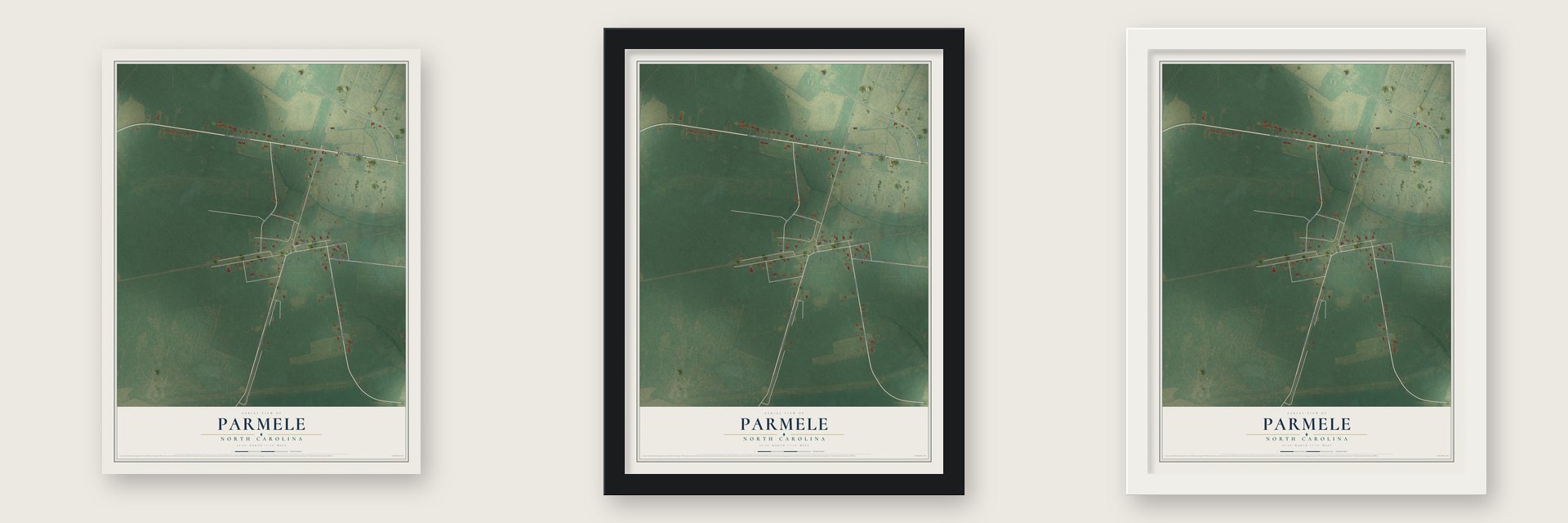 Parmele, North Carolina map unframed, in a black wood frame and in a white wood frame