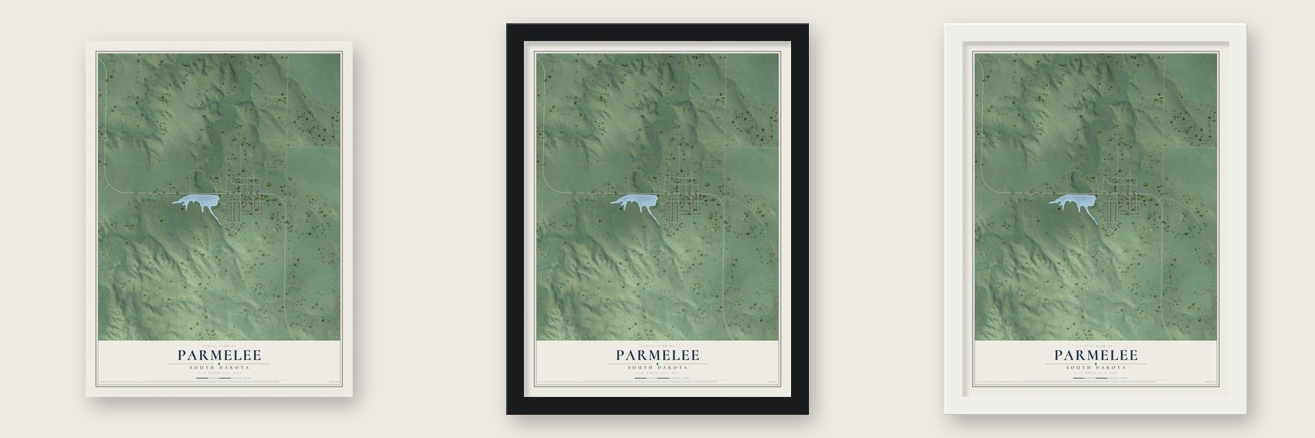 Parmelee, South Dakota map unframed, in a black wood frame and in a white wood frame