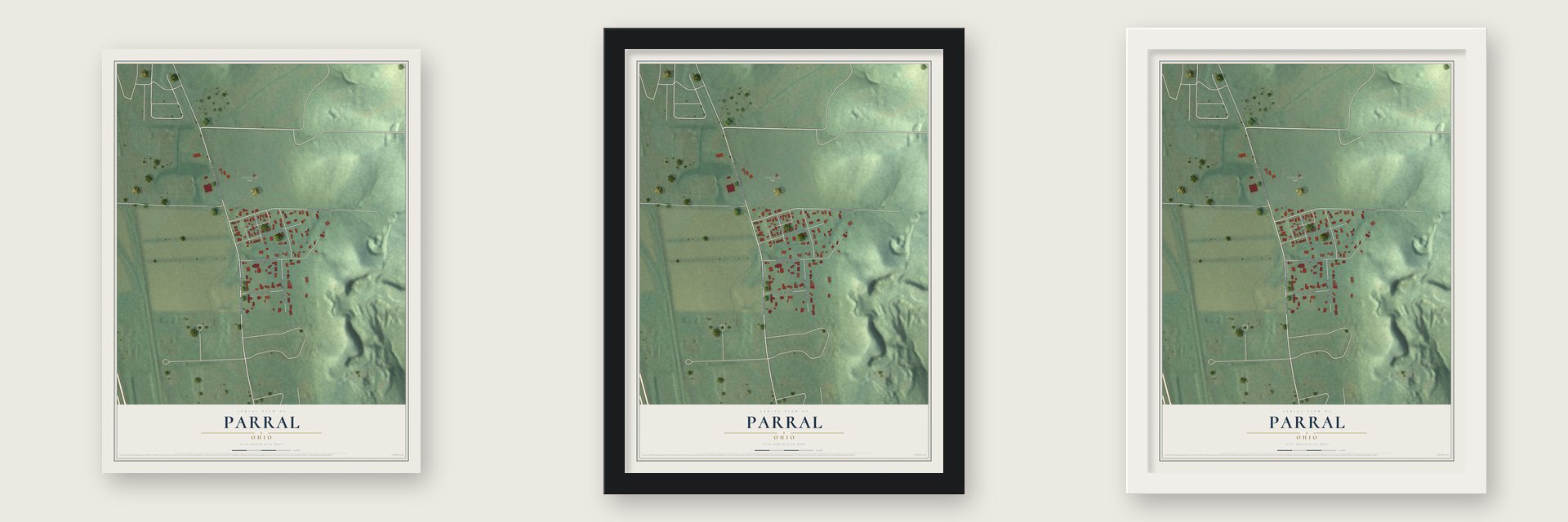 Parral, Ohio map unframed, in a black wood frame and in a white wood frame