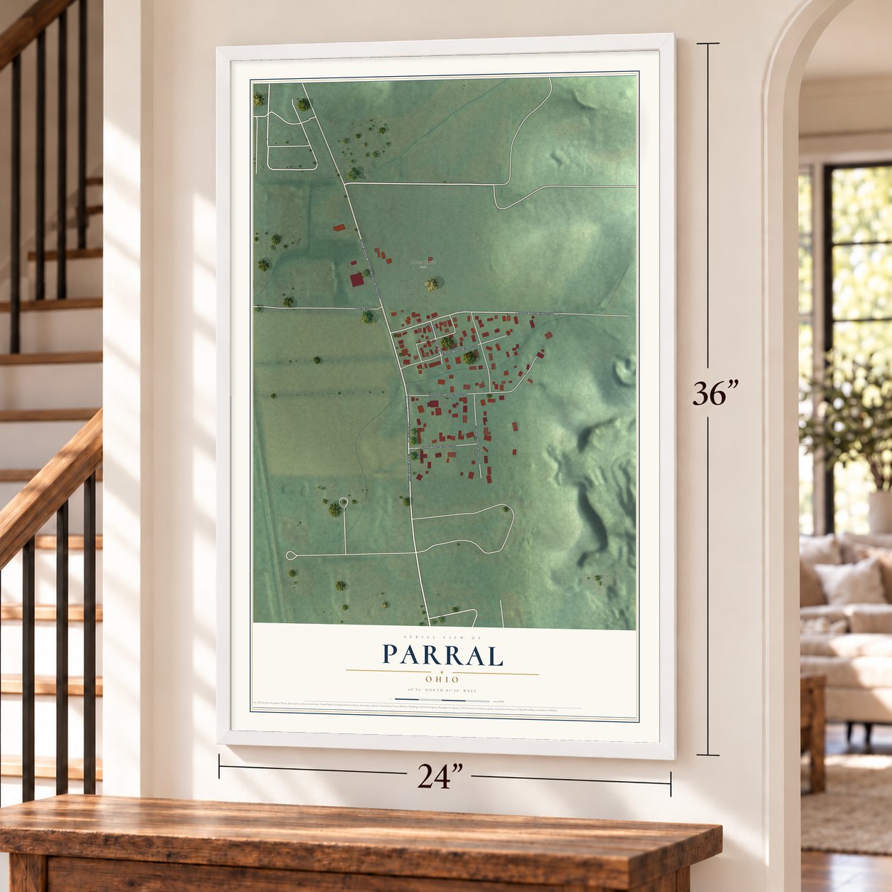 Parral, Ohio map, 24 x 36 inch print in a white frame by a staircase