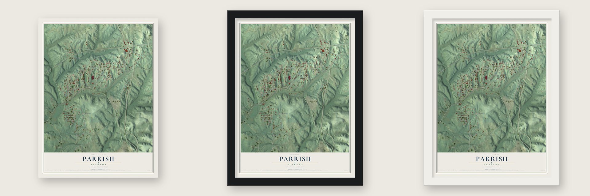 Parrish, Alabama map unframed, in a black wood frame and in a white wood frame