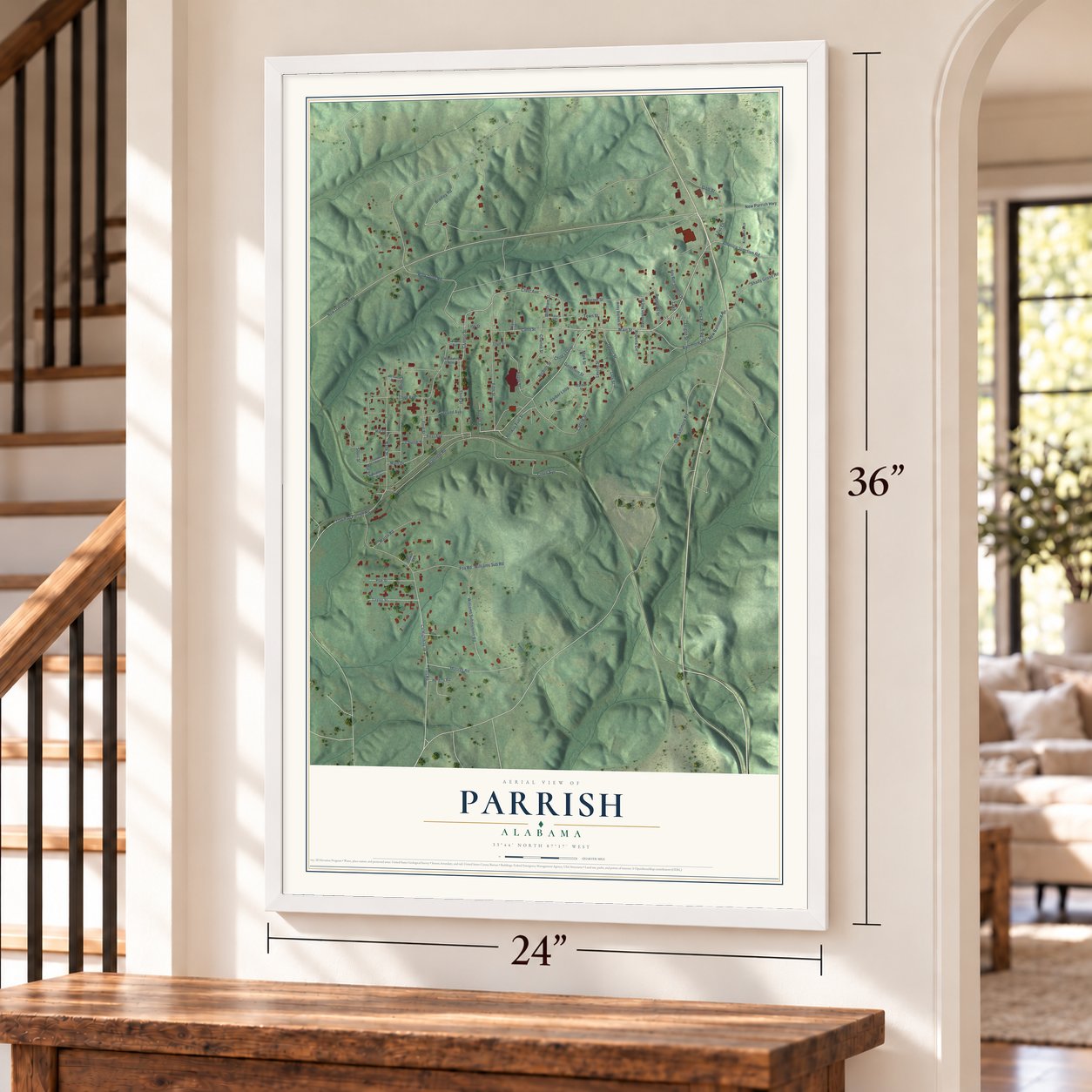 Parrish, Alabama map, 24 x 36 inch print in a white frame by a staircase