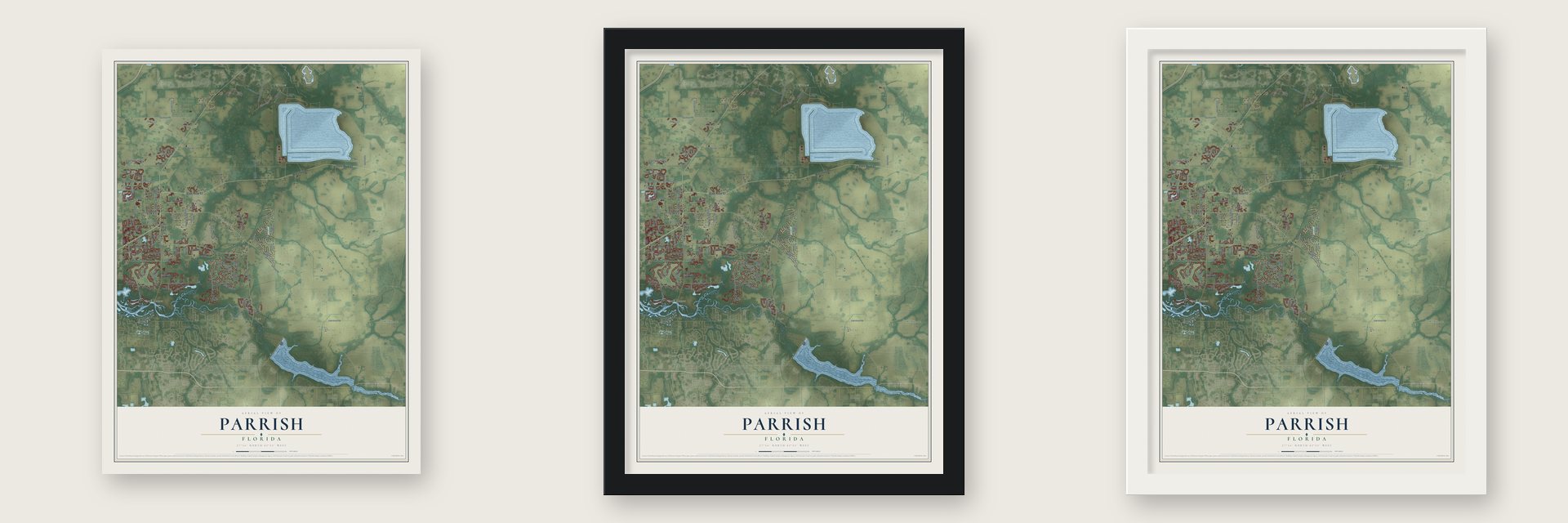 Parrish, Florida map unframed, in a black wood frame and in a white wood frame