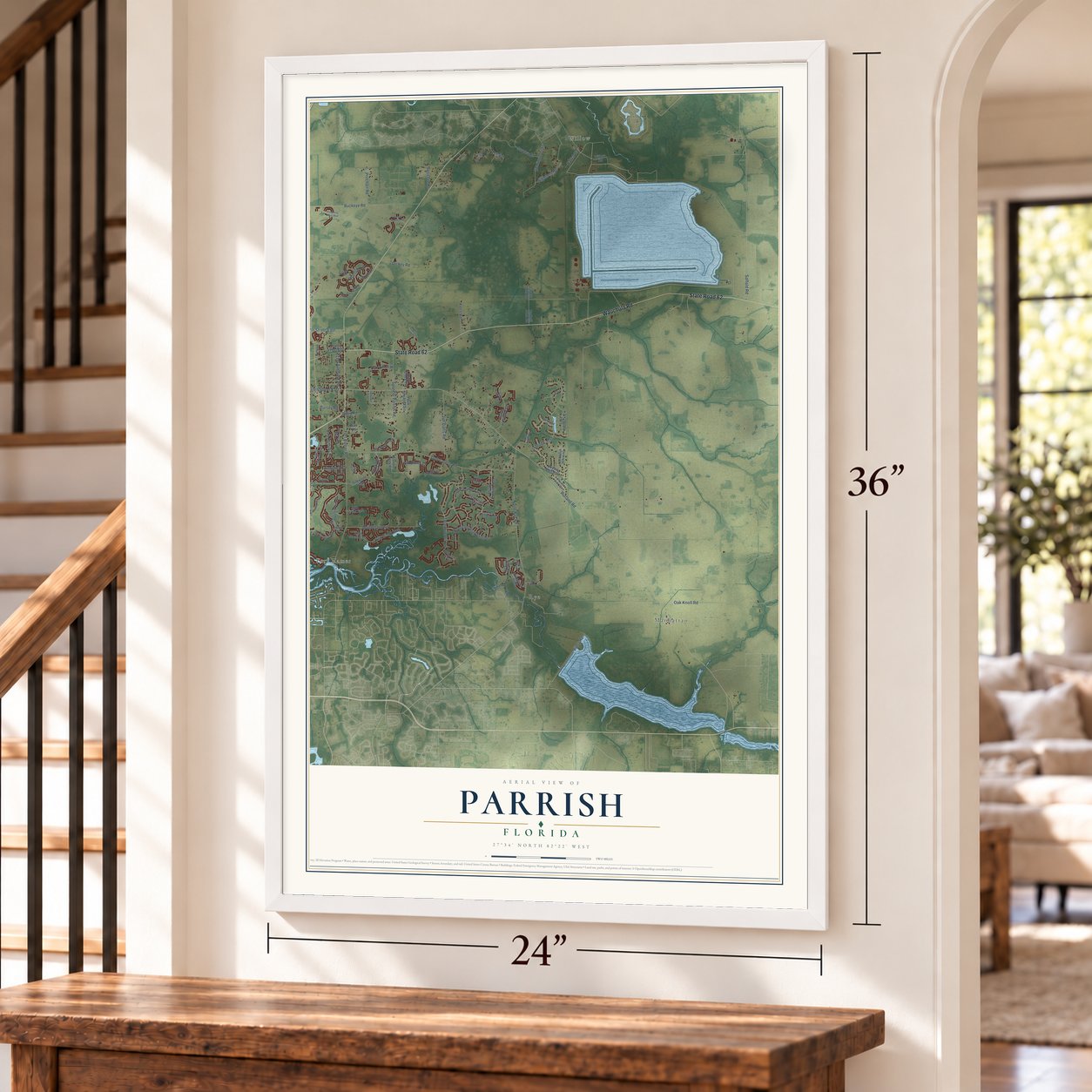 Parrish, Florida map, 24 x 36 inch print in a white frame by a staircase