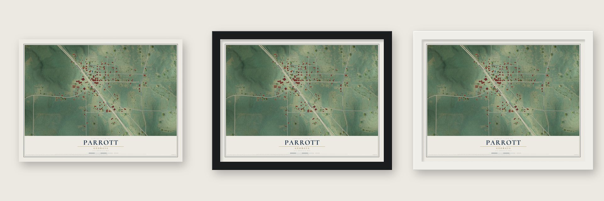 Parrott, Georgia map unframed, in a black wood frame and in a white wood frame