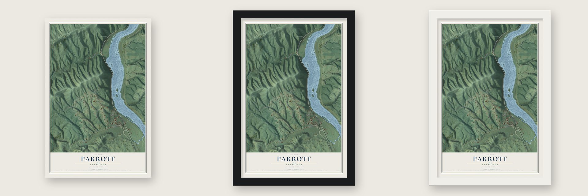 Parrott, Virginia map unframed, in a black wood frame and in a white wood frame