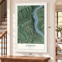 Parrott, Virginia map, 24 x 36 inch print in a white frame by a staircase