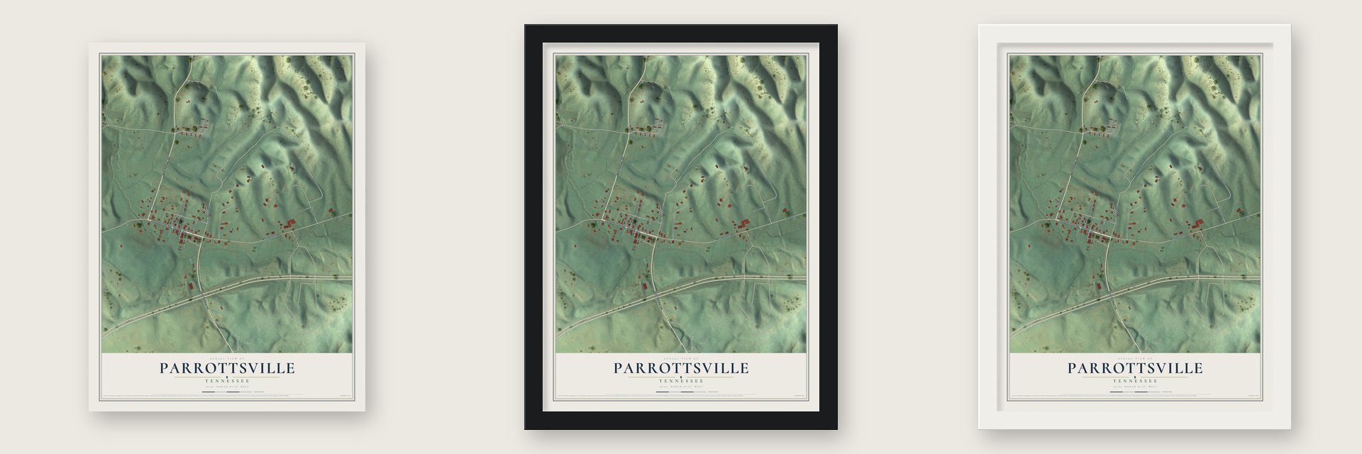 Parrottsville, Tennessee map unframed, in a black wood frame and in a white wood frame