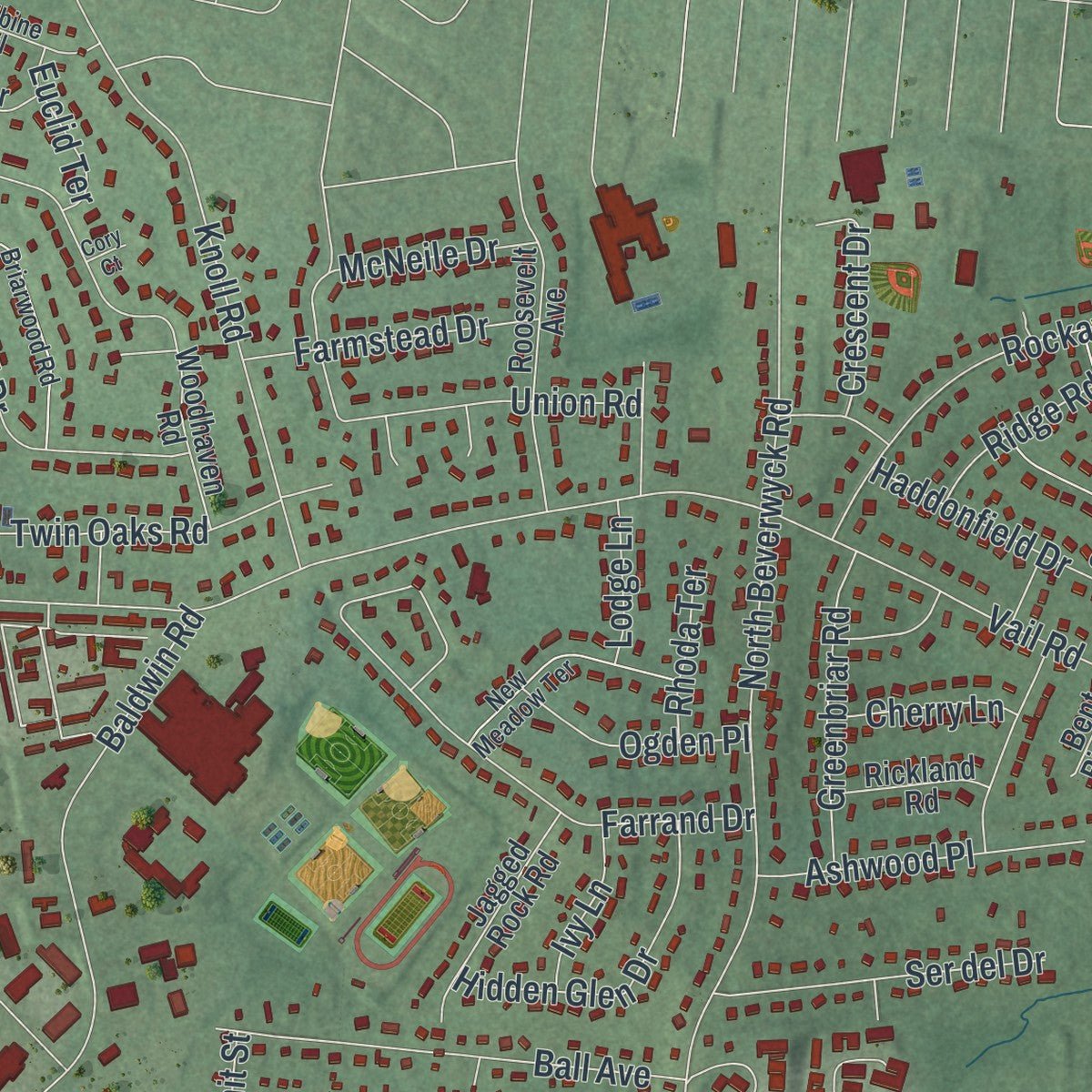 Second close-up of the map of Parsippany, New Jersey print showing more streets and buildings