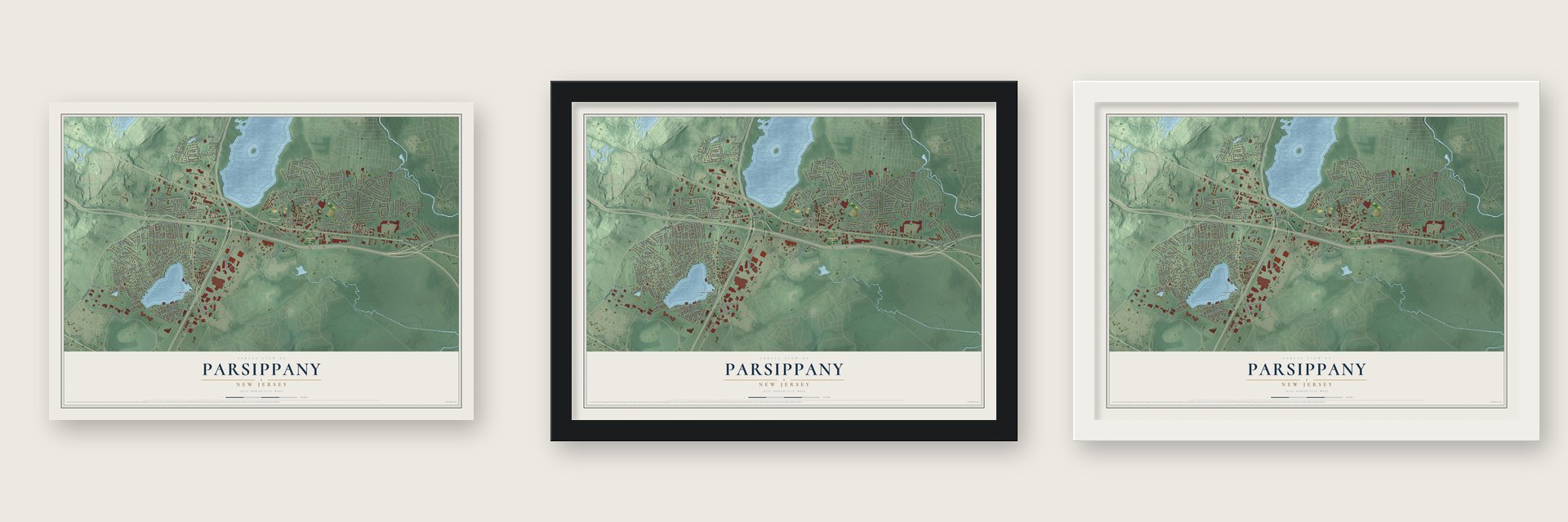 Parsippany, New Jersey map unframed, in a black wood frame and in a white wood frame