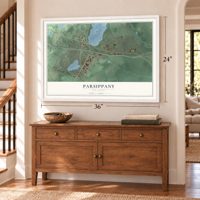 Parsippany, New Jersey map, 24 x 36 inch print in a white frame above a dresser by a staircase
