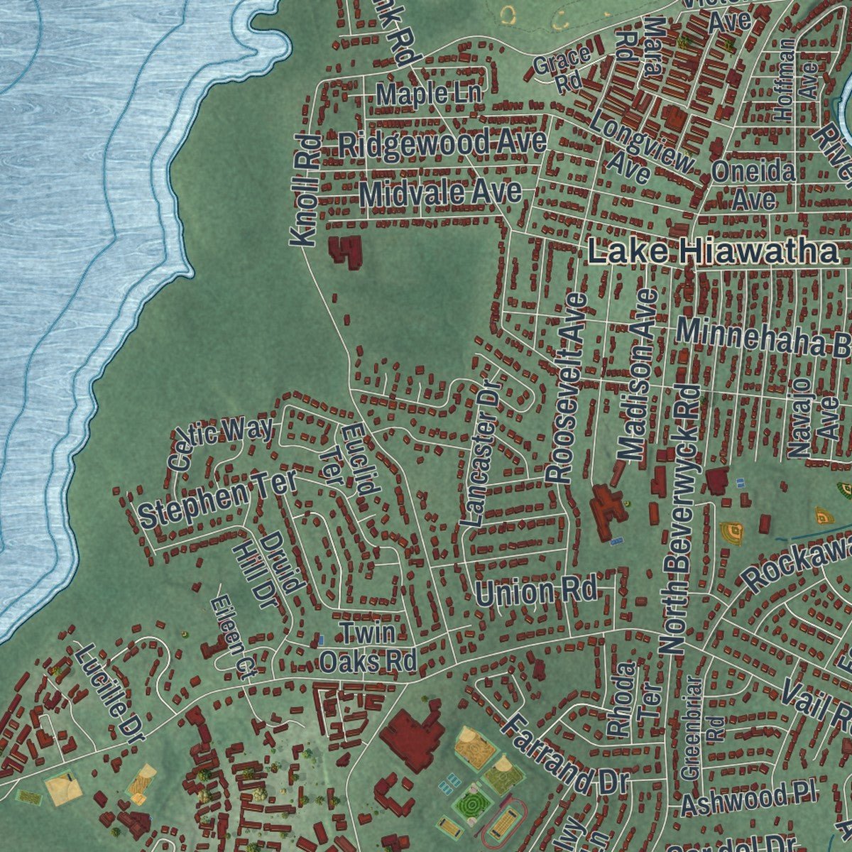 Second close-up of the map of Parsippany-Troy Hills, New Jersey print showing more streets and buildings
