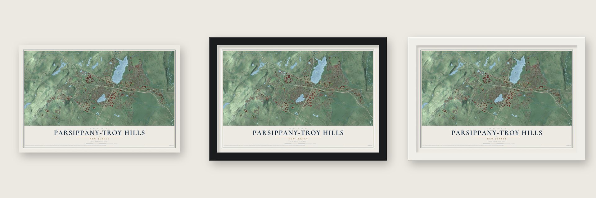 Parsippany-Troy Hills, New Jersey map unframed, in a black wood frame and in a white wood frame