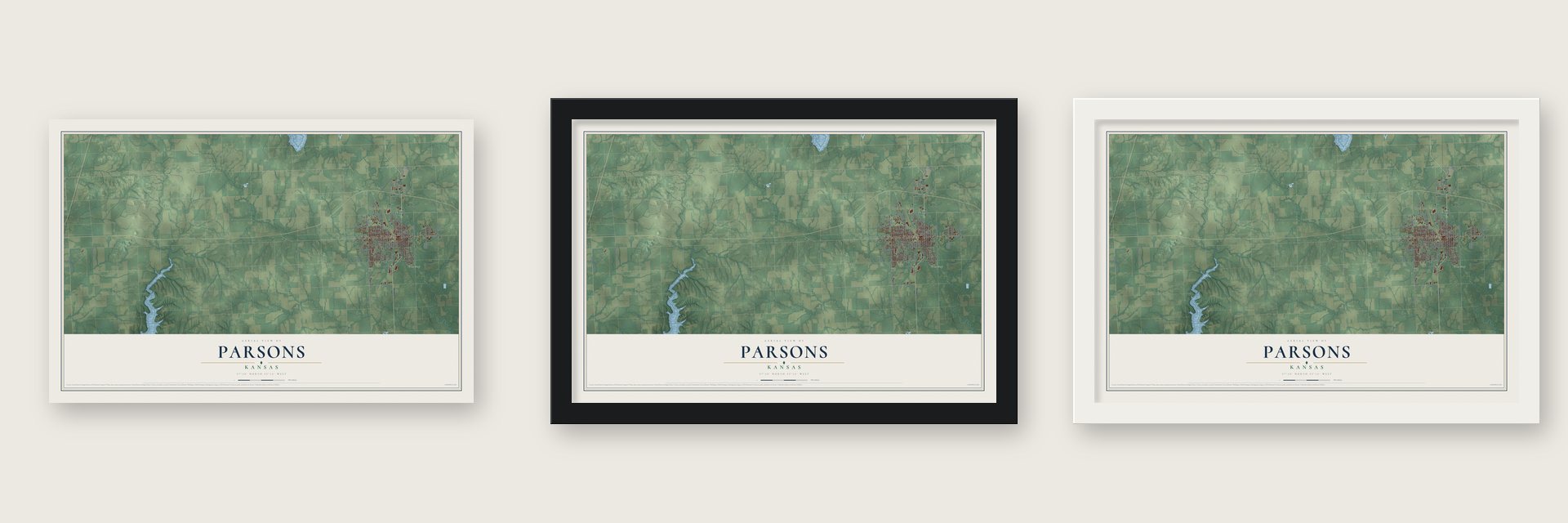 Parsons, Kansas map unframed, in a black wood frame and in a white wood frame
