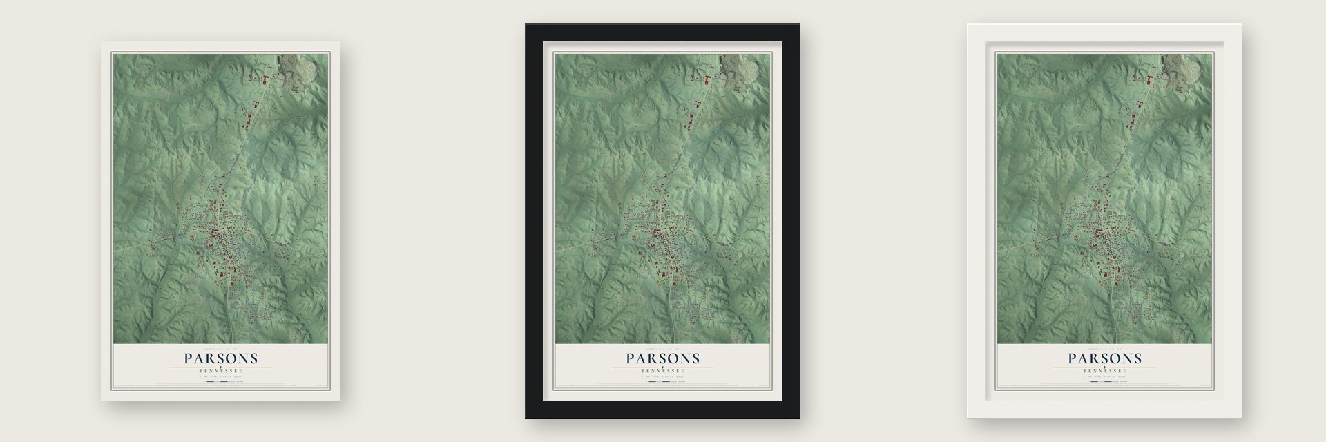 Parsons, Tennessee map unframed, in a black wood frame and in a white wood frame