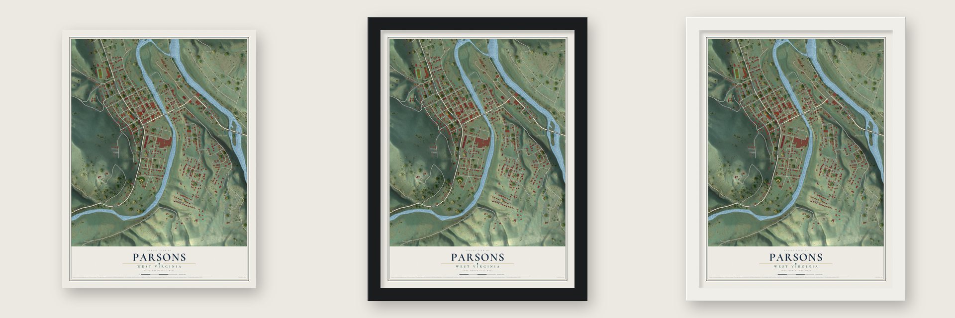 Parsons, West Virginia map unframed, in a black wood frame and in a white wood frame