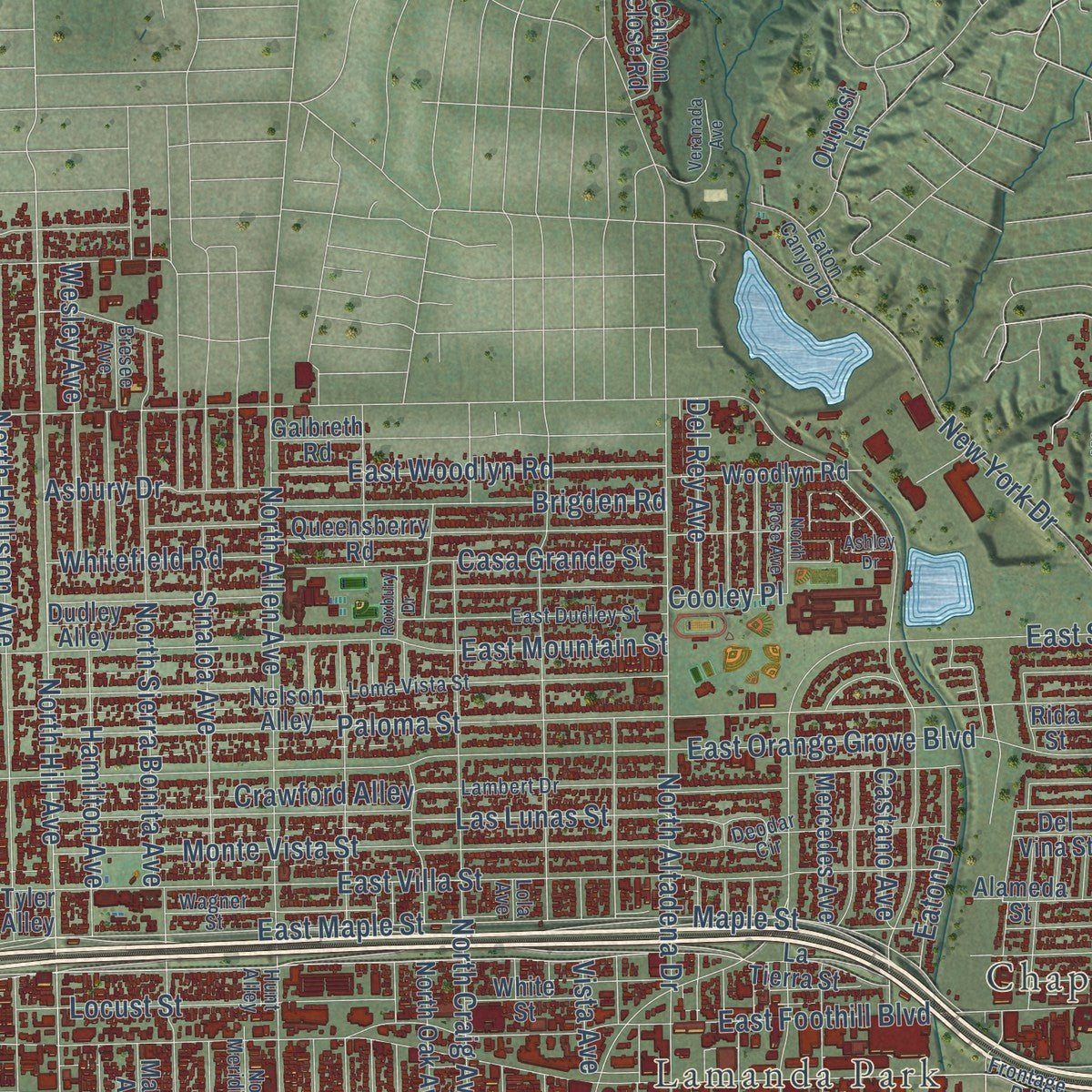 Second close-up of the map of Pasadena, California print showing more streets and buildings